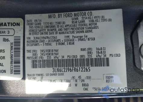 2015 Lincoln Mkz z USA, uszkodzony, nr VIN 3LN6L2J96FR612265